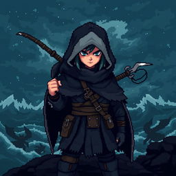 A pixel art style sprite of a dark and gloomy Pokémon trainer inspired by Vikings, designed in a 5th generation graphics style