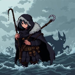 A pixel art style sprite of a dark and gloomy Pokémon trainer inspired by Vikings, designed in a 5th generation graphics style