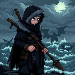 A pixel art style sprite of a dark and gloomy Pokémon trainer inspired by Vikings, designed in a 5th generation graphics style