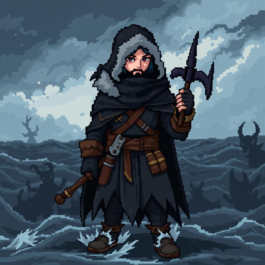 A pixel art style sprite of a dark and gloomy Pokémon trainer inspired by Vikings, designed in a 5th generation graphics style