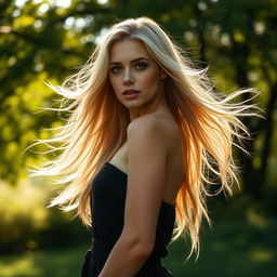 A stunning blonde woman with flowing long hair, standing confidently in an artistic pose