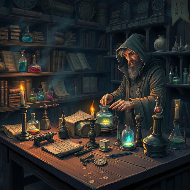 An alchemist in a dimly lit laboratory, focused on his work amidst shelves filled with ancient books, scrolls, and vials containing mysterious, colorful potions