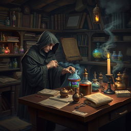 An alchemist in a dimly lit laboratory, focused on his work amidst shelves filled with ancient books, scrolls, and vials containing mysterious, colorful potions
