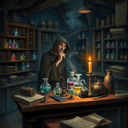 An alchemist in a dimly lit laboratory, focused on his work amidst shelves filled with ancient books, scrolls, and vials containing mysterious, colorful potions