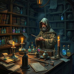 An alchemist in a dimly lit laboratory, focused on his work amidst shelves filled with ancient books, scrolls, and vials containing mysterious, colorful potions