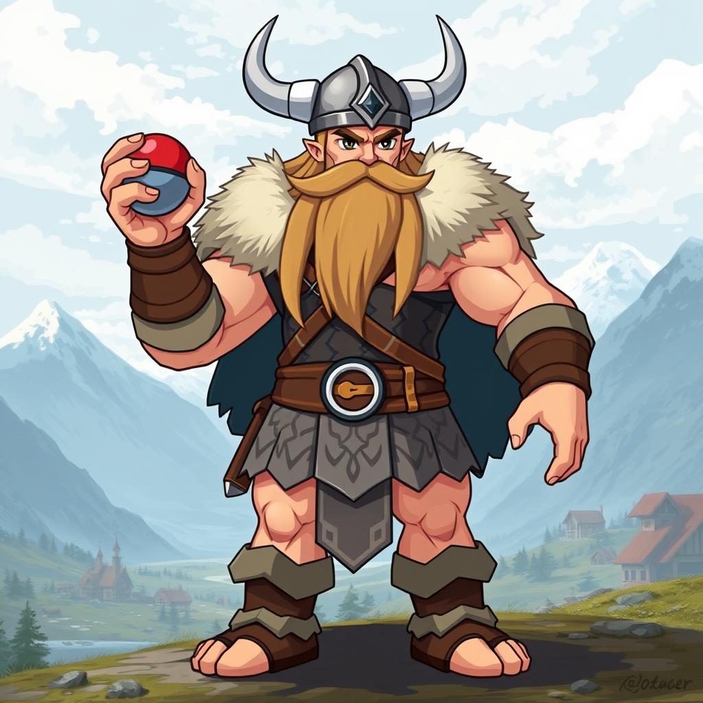 A large, muscular Pokémon trainer sprite inspired by Vikings, designed in 5th generation graphics style