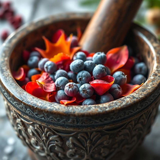 A close-up view of a mortar and pestle containing a vibrant mixture of frostberries and firepetals