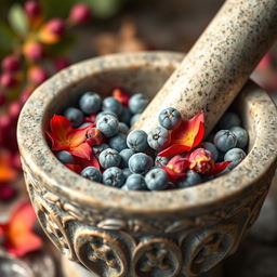 A close-up view of a mortar and pestle containing a vibrant mixture of frostberries and firepetals