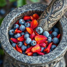 A close-up view of a mortar and pestle containing a vibrant mixture of frostberries and firepetals