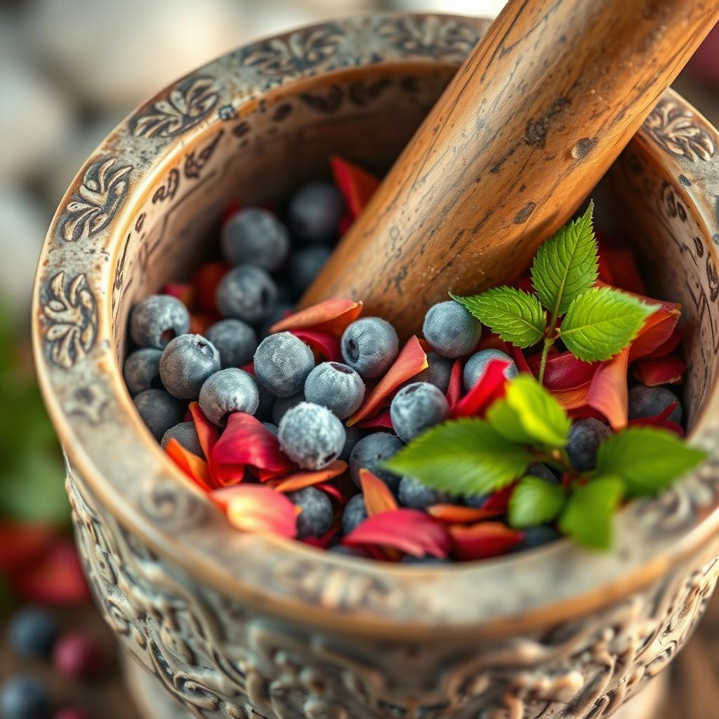 A close-up view of a mortar and pestle containing a vibrant mixture of frostberries and firepetals