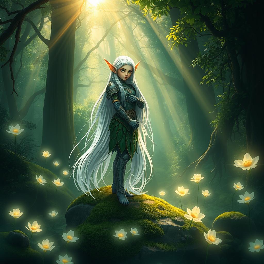 A mystical elf in an enchanted forest, with shimmering green eyes and long silvery hair flowing down to their waist