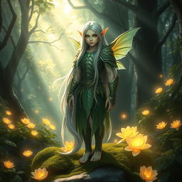 A mystical elf in an enchanted forest, with shimmering green eyes and long silvery hair flowing down to their waist