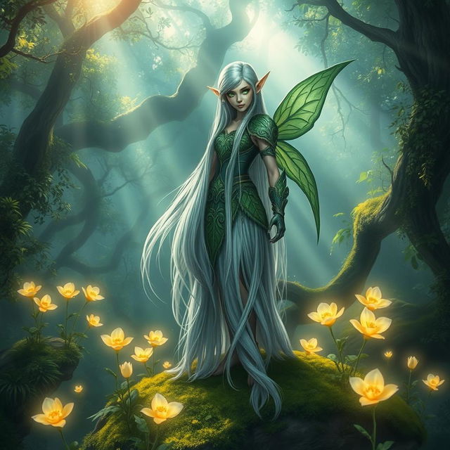 A mystical elf in an enchanted forest, with shimmering green eyes and long silvery hair flowing down to their waist