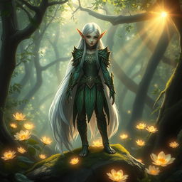 A mystical elf in an enchanted forest, with shimmering green eyes and long silvery hair flowing down to their waist