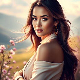 A stunning portrait of a glamorous woman resembling a celebrity, styled in an elegant outfit, posed elegantly in a picturesque setting