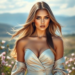 A stunning portrait of a glamorous woman resembling a celebrity, styled in an elegant outfit, posed elegantly in a picturesque setting
