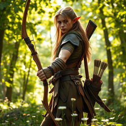 A majestic half-elf ranger standing in a lush forest, blending harmoniously with nature