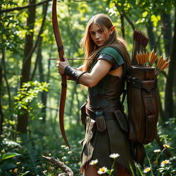 A majestic half-elf ranger standing in a lush forest, blending harmoniously with nature