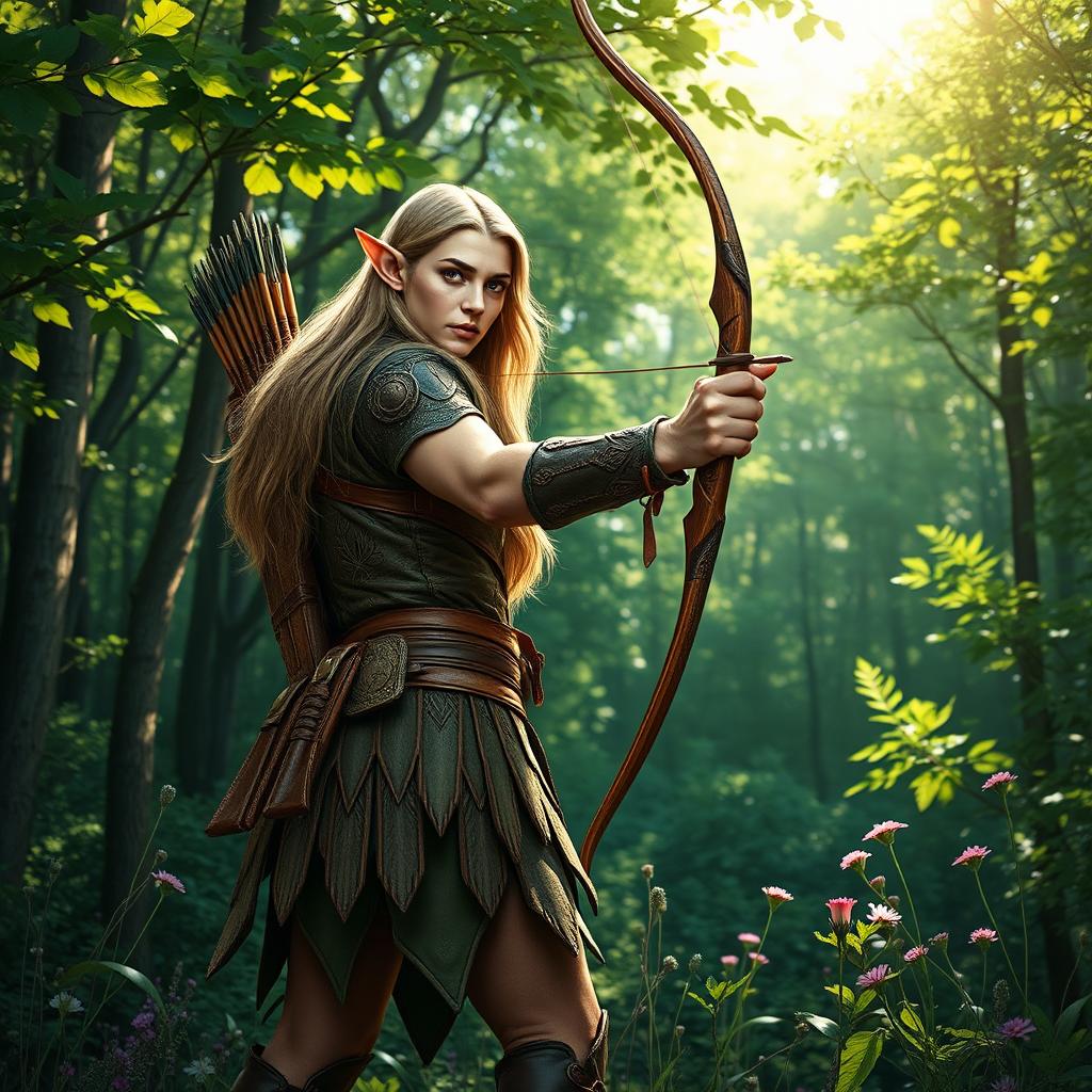 A majestic half-elf ranger standing in a lush forest, blending harmoniously with nature