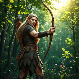 A majestic half-elf ranger standing in a lush forest, blending harmoniously with nature