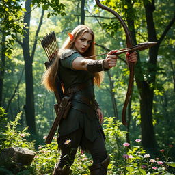 A majestic half-elf ranger standing in a lush forest, blending harmoniously with nature