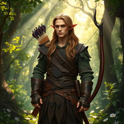 A male half-elf ranger standing confidently in a vibrant and lush forest