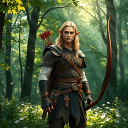 A male half-elf ranger standing confidently in a vibrant and lush forest