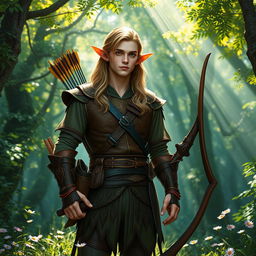 A male half-elf ranger standing confidently in a vibrant and lush forest