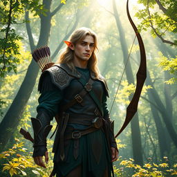 A male half-elf ranger standing confidently in a vibrant and lush forest