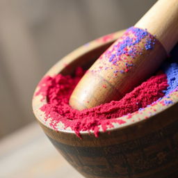 A close-up depiction of red and blue powders being gently mixed together in a traditional mortar with a smooth wooden pestle