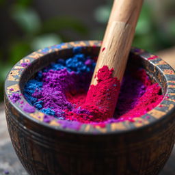 A close-up depiction of red and blue powders being gently mixed together in a traditional mortar with a smooth wooden pestle