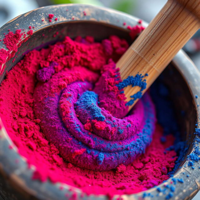 A close-up depiction of red and blue powders being gently mixed together in a traditional mortar with a smooth wooden pestle