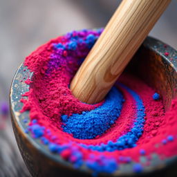 A close-up depiction of red and blue powders being gently mixed together in a traditional mortar with a smooth wooden pestle