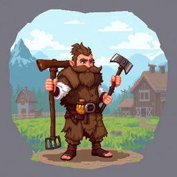 A farmer Viking sprite inspired by Floki, designed in 5th generation pixel graphics style