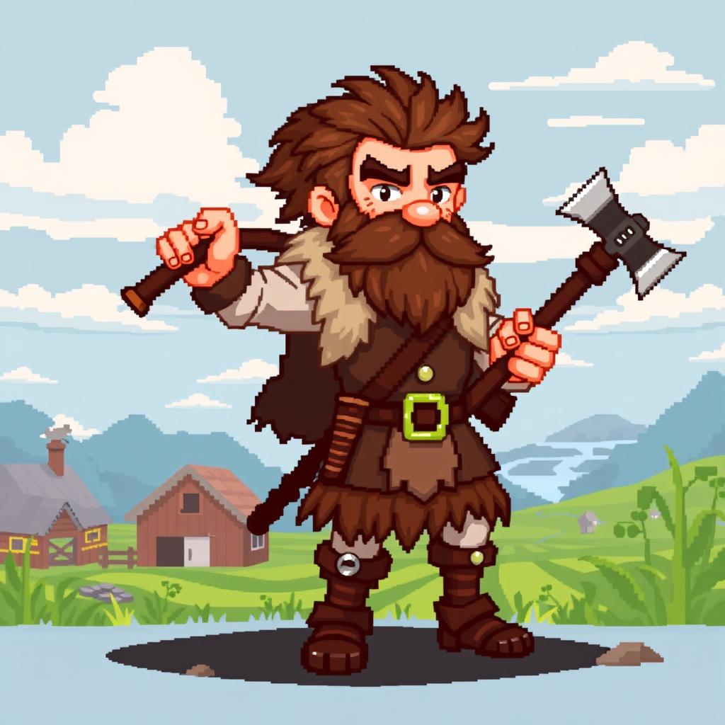 A farmer Viking sprite inspired by Floki, designed in 5th generation pixel graphics style