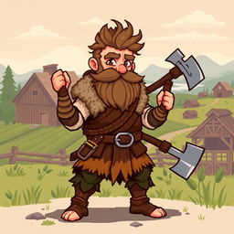A farmer Viking sprite inspired by Floki, designed in 5th generation pixel graphics style