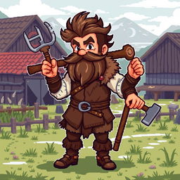 A farmer Viking sprite inspired by Floki, designed in 5th generation pixel graphics style