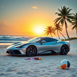 A sleek silver sports car parked on a sandy beach, the ocean waves gently lapping at the shore in the background