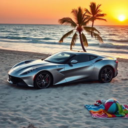 A sleek silver sports car parked on a sandy beach, the ocean waves gently lapping at the shore in the background