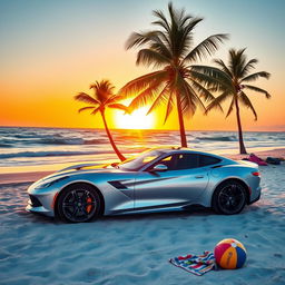 A sleek silver sports car parked on a sandy beach, the ocean waves gently lapping at the shore in the background