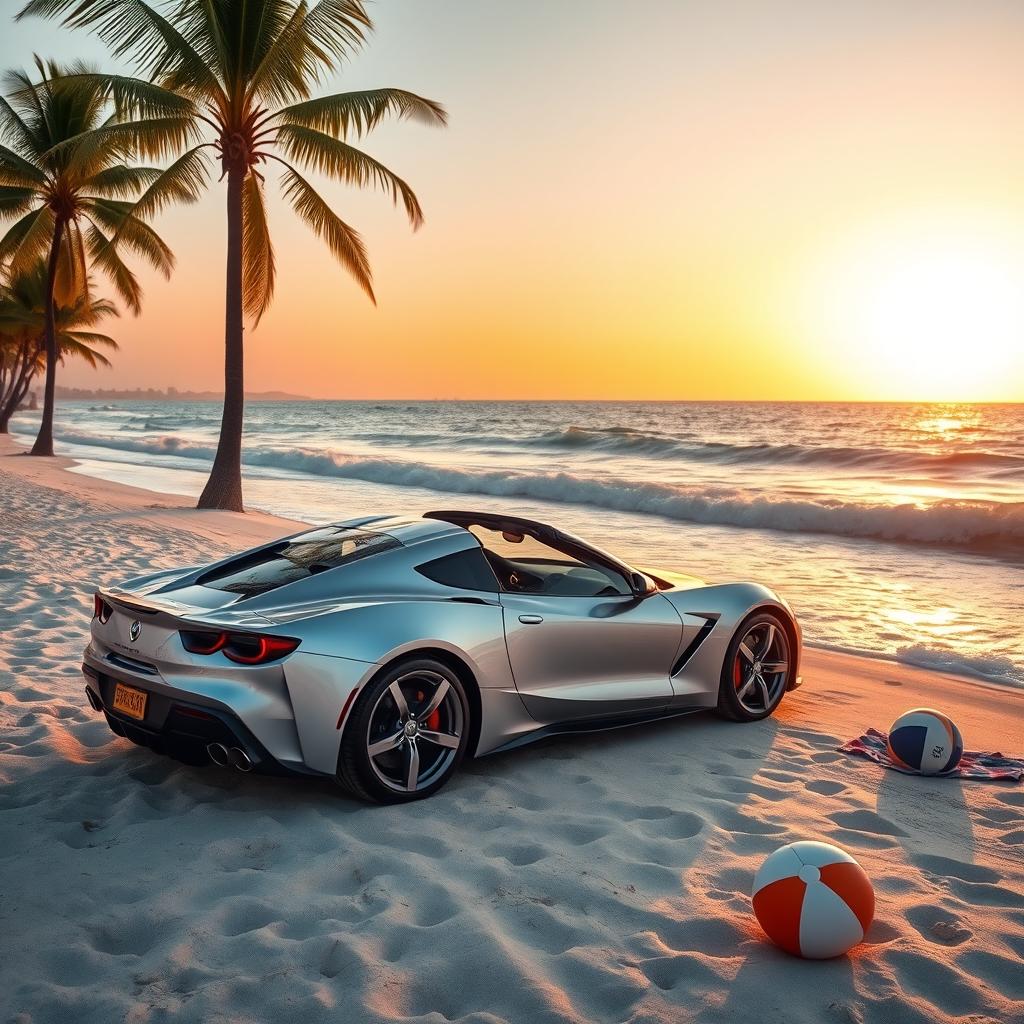 A sleek silver sports car parked on a sandy beach, the ocean waves gently lapping at the shore in the background