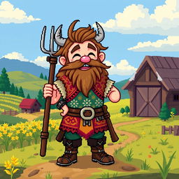 A farmer Viking sprite inspired by Floki, designed in 5th generation pixel graphics style