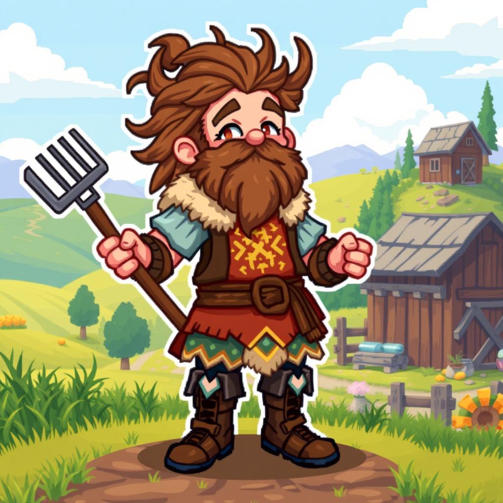 A farmer Viking sprite inspired by Floki, designed in 5th generation pixel graphics style