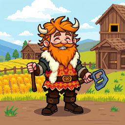 A farmer Viking sprite inspired by Floki, designed in 5th generation pixel graphics style