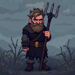 A farmer Viking sprite inspired by Floki, designed in 5th generation pixel graphics style, depicted in a dark and gloomy aesthetic