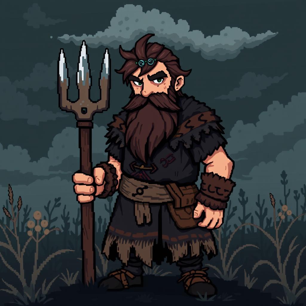 A farmer Viking sprite inspired by Floki, designed in 5th generation pixel graphics style, depicted in a dark and gloomy aesthetic