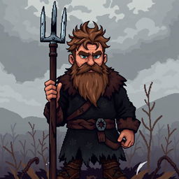 A farmer Viking sprite inspired by Floki, designed in 5th generation pixel graphics style, depicted in a dark and gloomy aesthetic