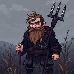 A farmer Viking sprite inspired by Floki, designed in 5th generation pixel graphics style, depicted in a dark and gloomy aesthetic