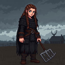 A female farmer Viking sprite inspired by Floki, designed in 5th generation pixel graphics style, depicted in a dark and gloomy aesthetic