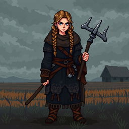 A female farmer Viking sprite inspired by Floki, designed in 5th generation pixel graphics style, depicted in a dark and gloomy aesthetic